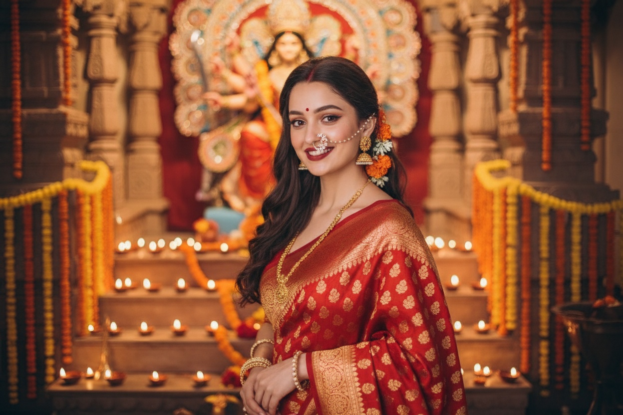 Red Banarasi Saree with Temple Backdrop