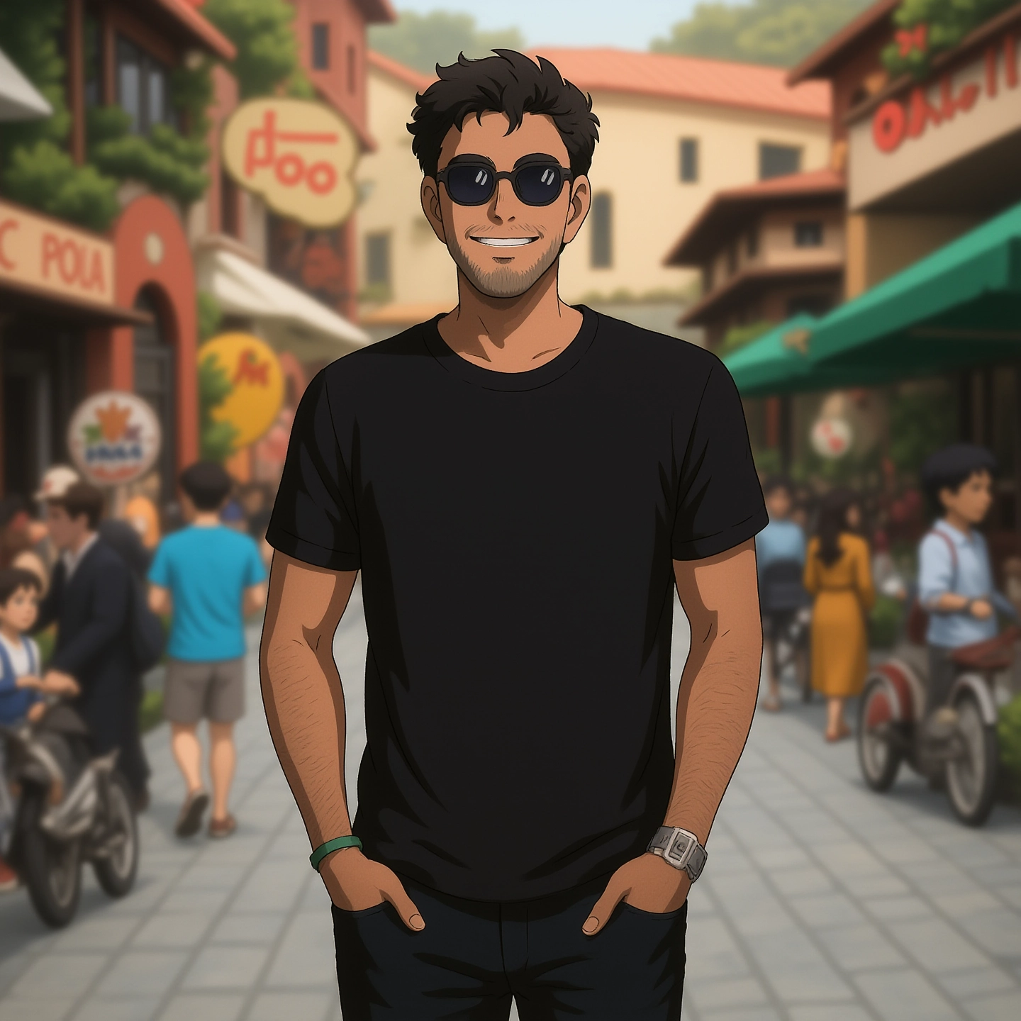 a man in a black shirt and sunglasses