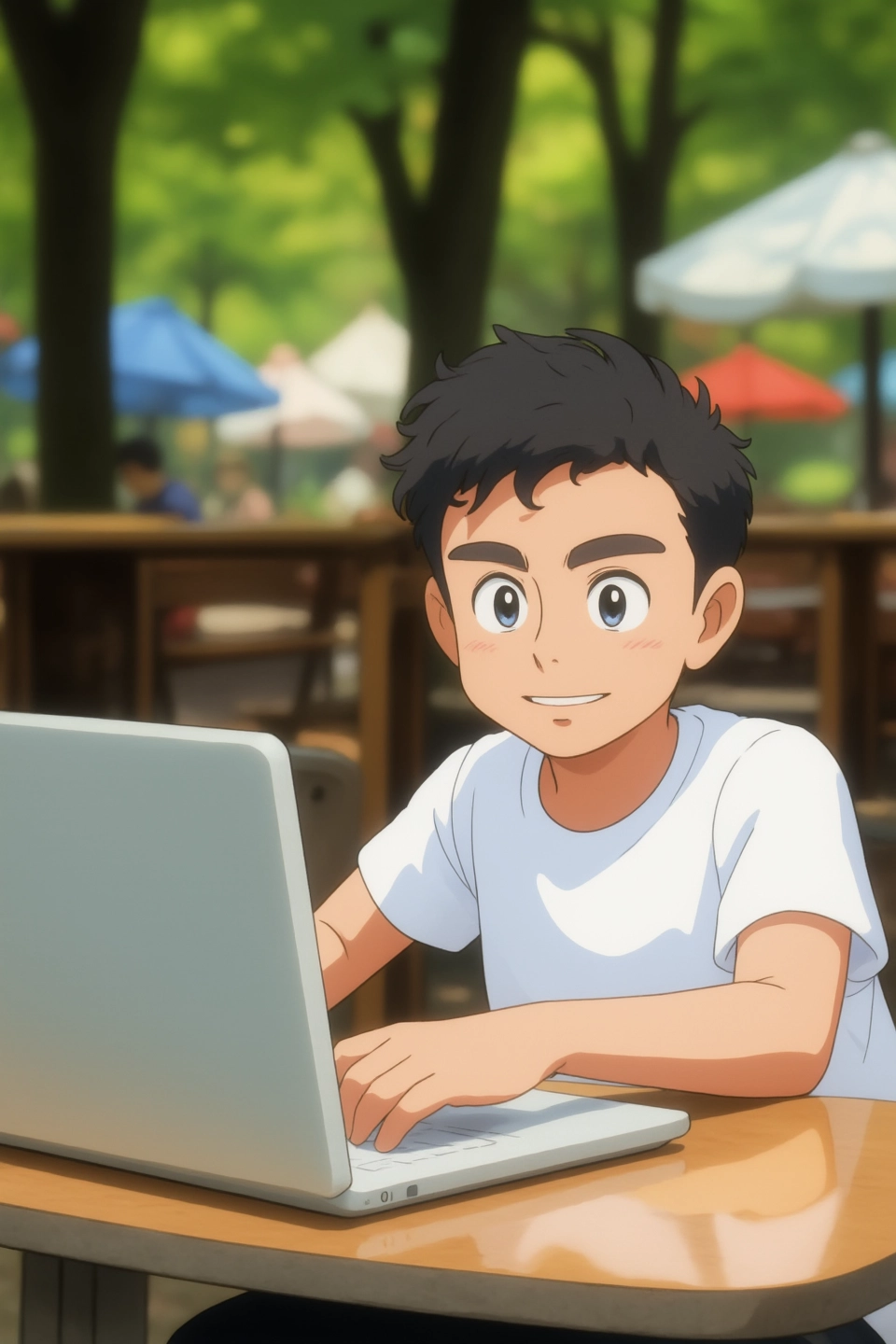 a boy sitting at a table with a laptop