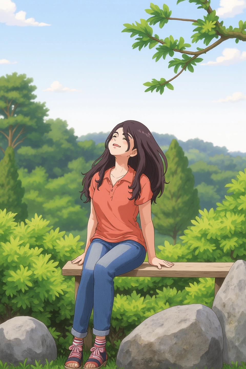 a girl sitting on a bench in the woods