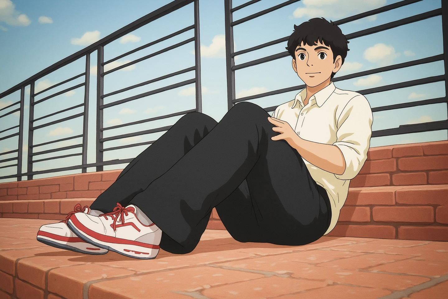 a man sitting on a brick wall with his feet crossed