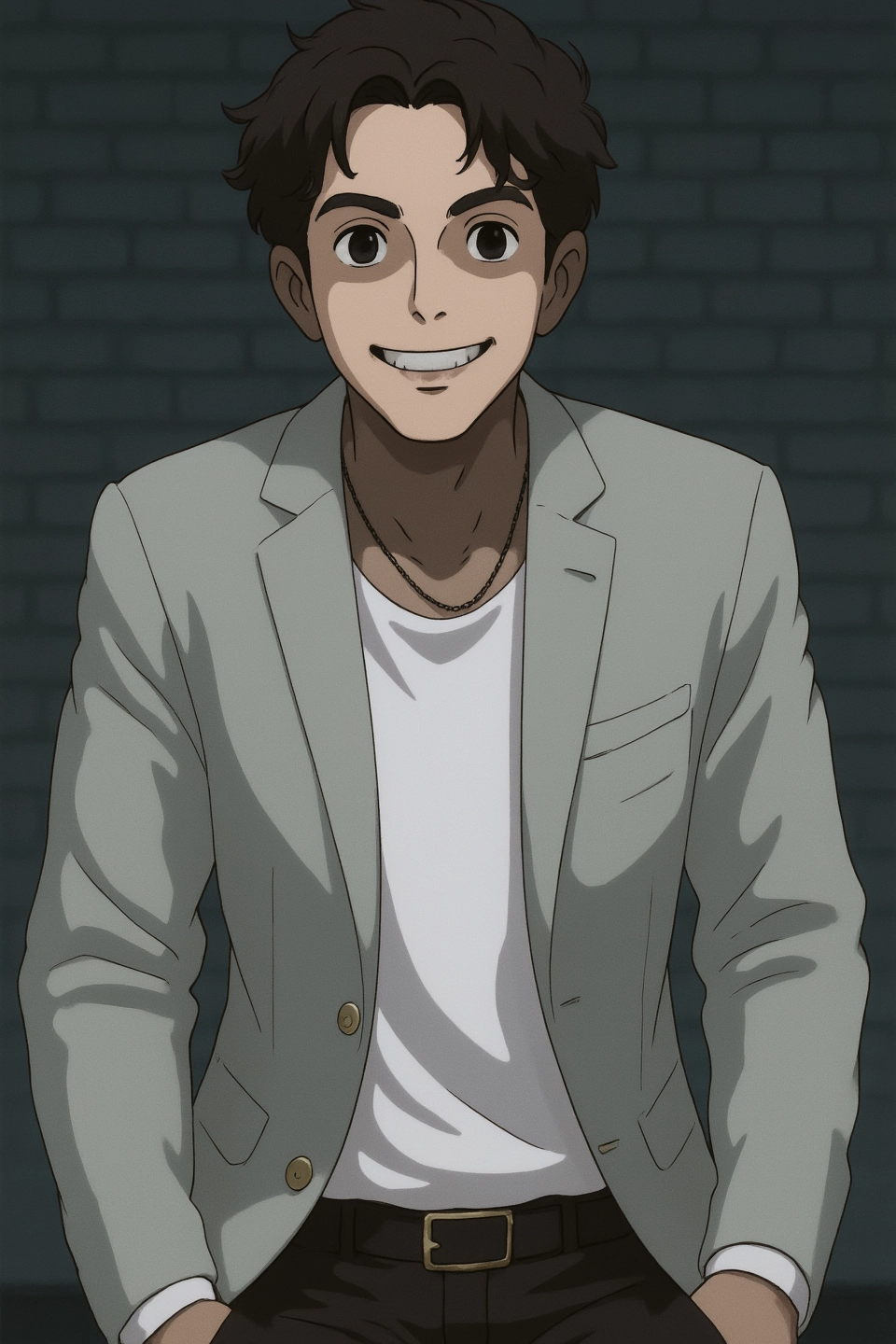 a man in a suit sitting on a chair