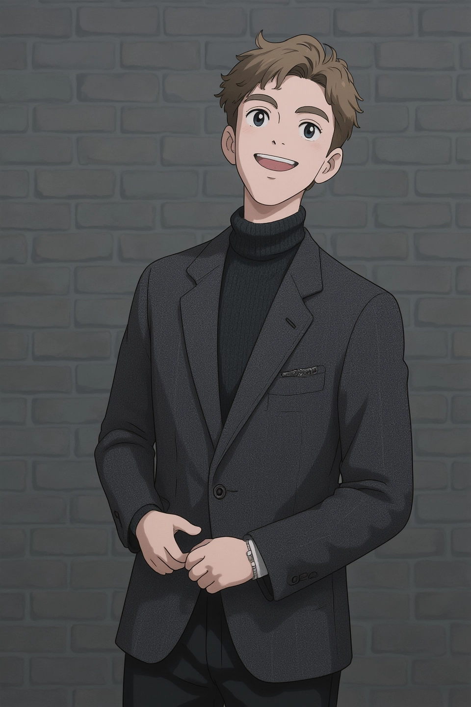 a man in a suit standing in front of a brick wall
