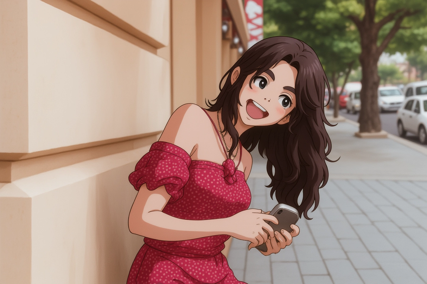 a woman in a red dress standing on a sidewalk