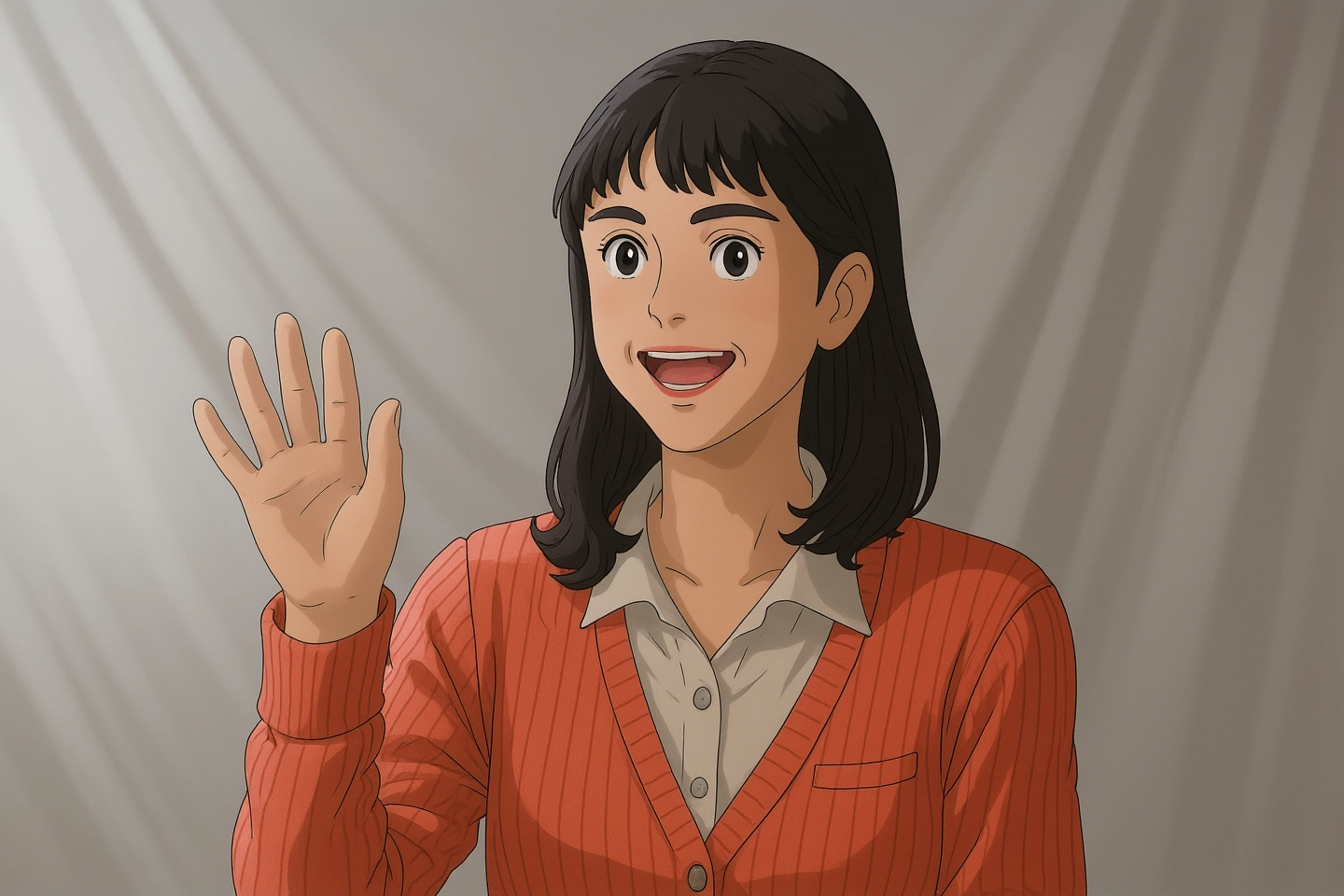 a woman in a red sweater is waving