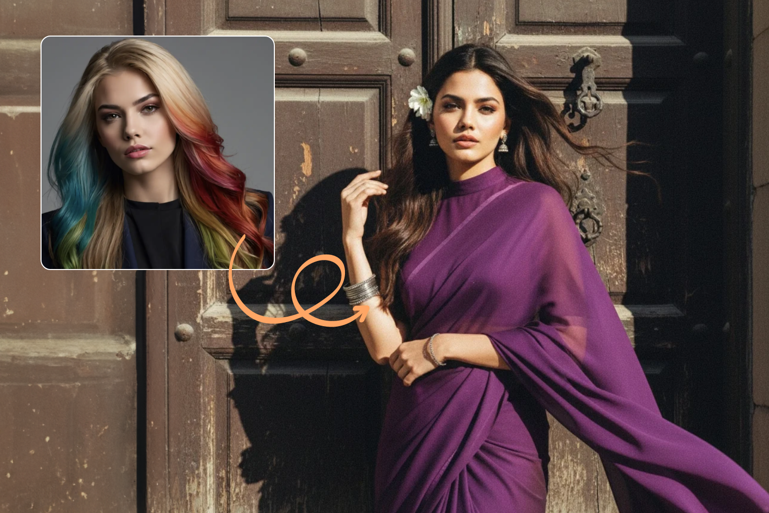 Create a retro, vintage-inspired image—grainy yet bright—based on the uploaded picture. The girl should be draped in a perfect purple chiffon, Pinterest-style aesthetic saree. The vibe must capture the essence of a '90s movie 'baddie,' with dark brown, silky hair and a small flower tucked visibly into her hair, enhanced by a windy, romantic atmosphere. She is standing against an old wooden door, where deep shadows and dramatic contrasts add mystery and artistry to the scene, creating a moody yet enchanting cinematic effect. Her pose should suggest that she is adjusting her hair.