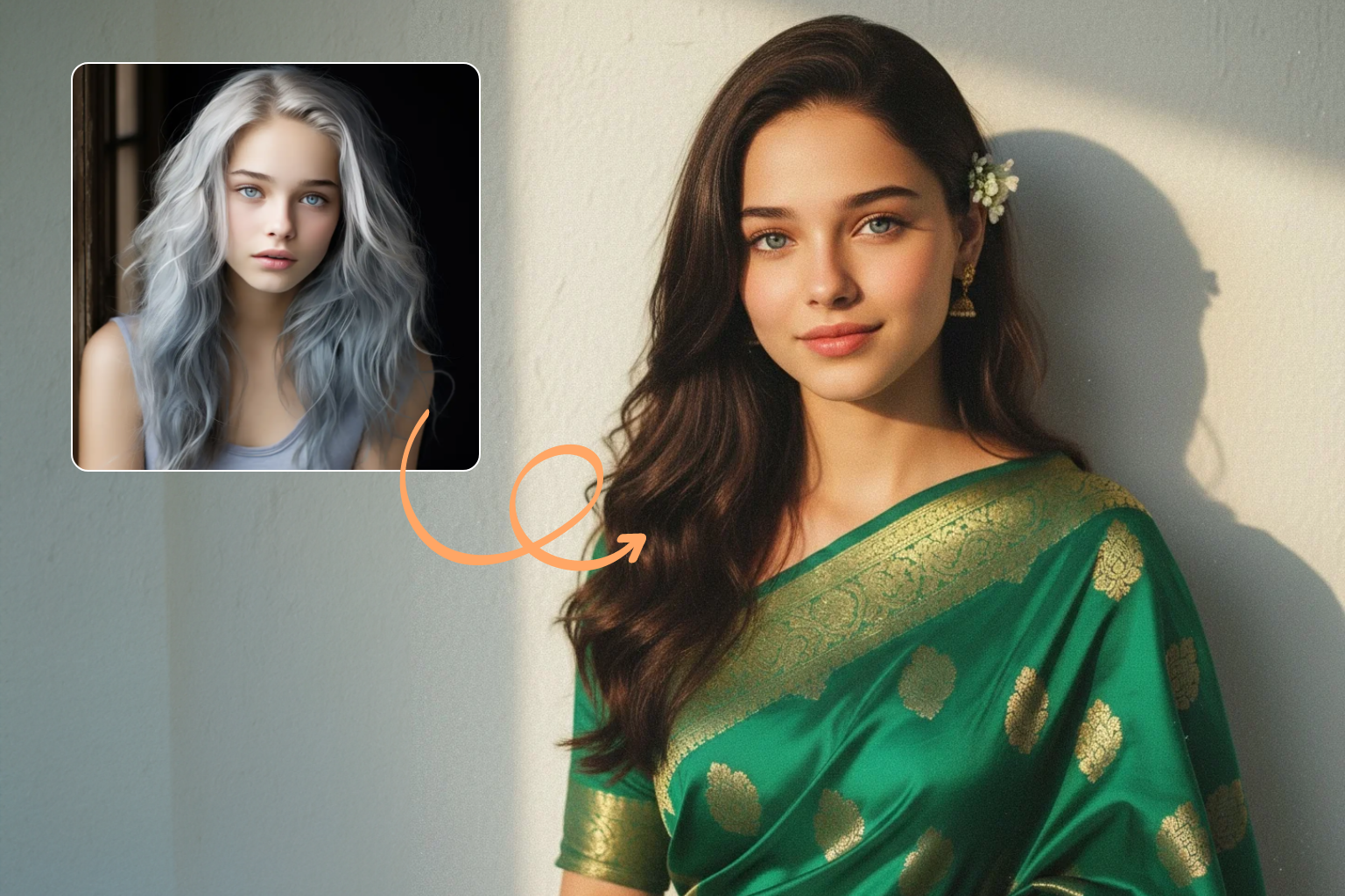 Convert the uploaded picture into a retro, vintage, and grainy-but-bright image. Keep the facial features the same. The subject should be draped in a solid-coloured Banarsi saree with a Pinterest-retro aesthetic, giving it the feel of a '90s movie. Give her dark brown, silky, and shiny hair with a small flower visibly tucked into it. The girl is standing in front of a white wall with a soft, artistic, and moody atmosphere. Use a golden light source to create a soft glow on her face and a dramatic shadow on the wall behind her. The lighting should have the warm, golden tones of a sunset or 'golden hour' glow. The background should be minimalist and slightly textured. The expression on her face should be moody and calm, yet happy. The final image should be in HD quality, with the same face, but you can change the hair colour and hairstyle.