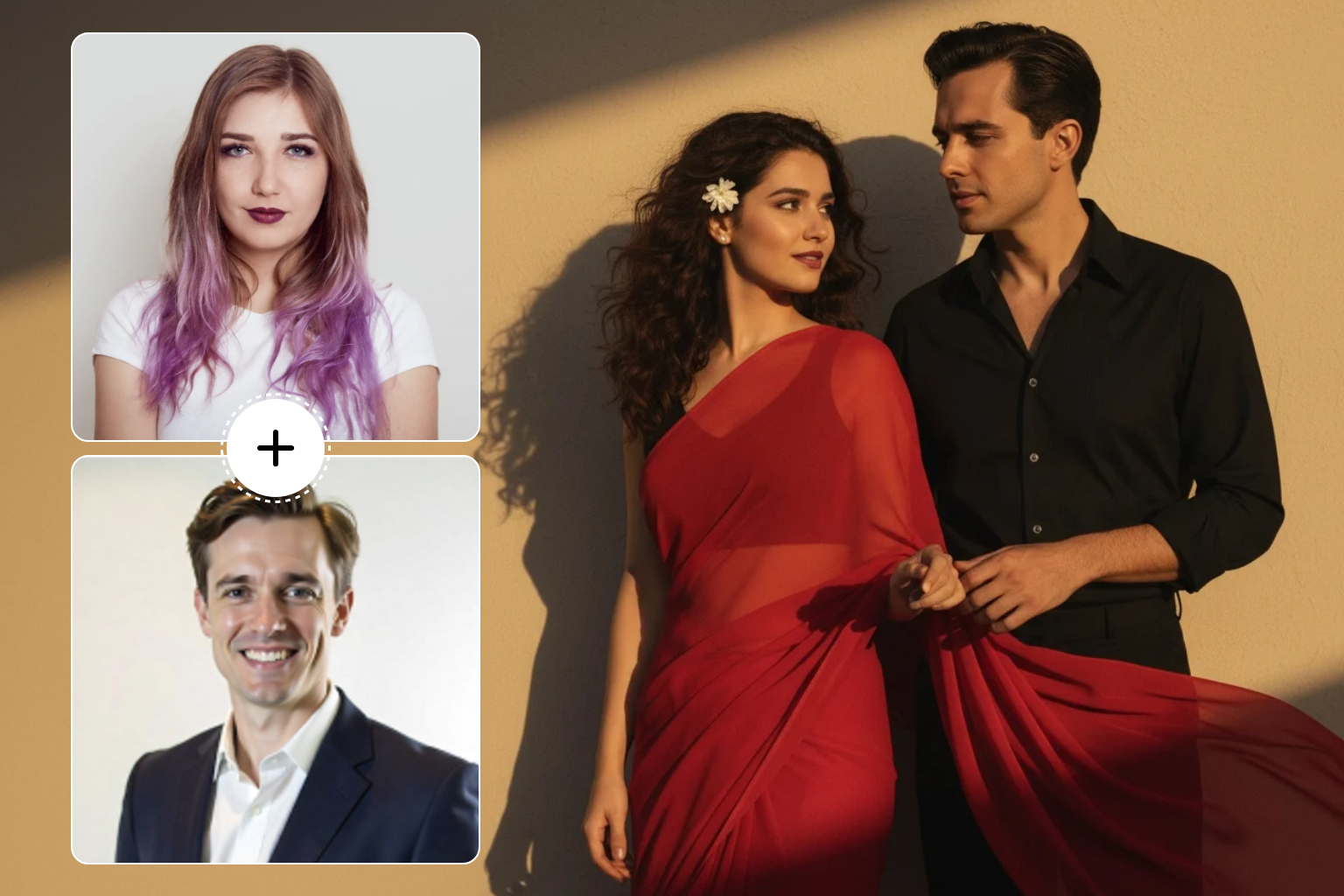 He will be holding my saree pallu in his hand, dressed in a retro style with a black shirt, carrying a Dev Anand-inspired look. I will be in a perfect plain chiffon saree, red in color, giving a Pinteresty aesthetic retro vibe. Think of a 90s movie feel — dark brown wavy curly hair with a small flower tucked visibly into the curls, romanticizing in a windy environment. I’ll be standing against a solid wall with deep shadows and contrast drama, creating a mysterious and artistic atmosphere. The lighting will be warm with golden tones, evoking a sunset or golden hour glow. The background will stay minimalistic and slightly textured, while my expression will be moody, calm, yet happy and introspective