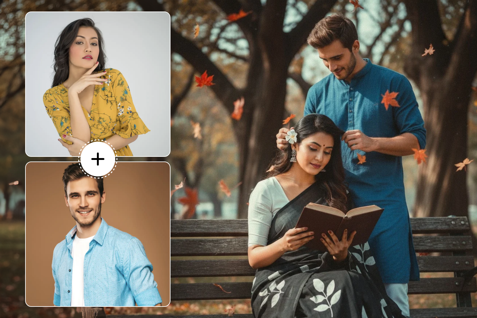 Create a retro, vintage-inspired image grainy yet bright – based on the reference picture. The girl should be draped in a perfect black cotton saree with white leaf prints and with a white blouse. Pinterest-style aesthetic saree. The vibe must capture the essence of a 90s movie dark brown-haired baddie, with a white flower in the hair enhanced by a windy, romantic atmosphere and the guy should be wearing an blue short kurta with white chinos She sits on a wooden bench where deep shadows and dramatic contrasts add mystery and artistry to the scene, creating a moody yet enchanting cinematic effect by making maple leaves fly here and there. Make the girl pose like she’s sitting and reading the book. the guy is adjusting her hair looking at her. The girl should be looking at the book.