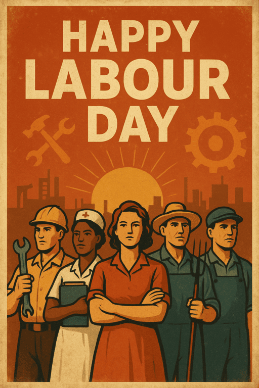 A bold and inspiring Labor Day poster design featuring workers from diverse professions (construction worker, nurse, teacher, farmer, engineer, factory worker) standing together in unity. Bright and vibrant colors with a patriotic touch, clean modern typography reading ‘Happy Labor Day’ or ‘Salute to Workers’. Background with industrial elements like gears, tools, city skyline, and rising sun symbolizing progress. Minimal, impactful, poster-style layout, perfect for print, retro vintage poster style and digital use.