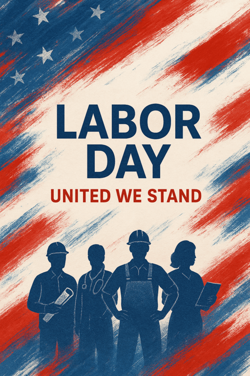 An abstract Labor Day Instagram story background with brush strokes of red, white, and blue, faded American flag overlay, and silhouettes of diverse workers. Text in bold center: Labor Day – United We Stand