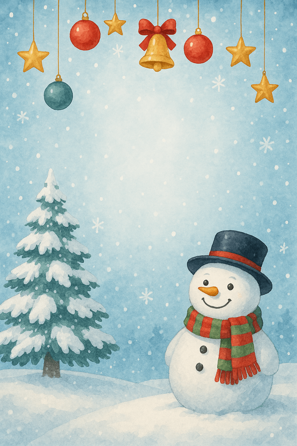 Snowman and pine tree Christmas background – watercolor snowy landscape with ornaments, portrait layout