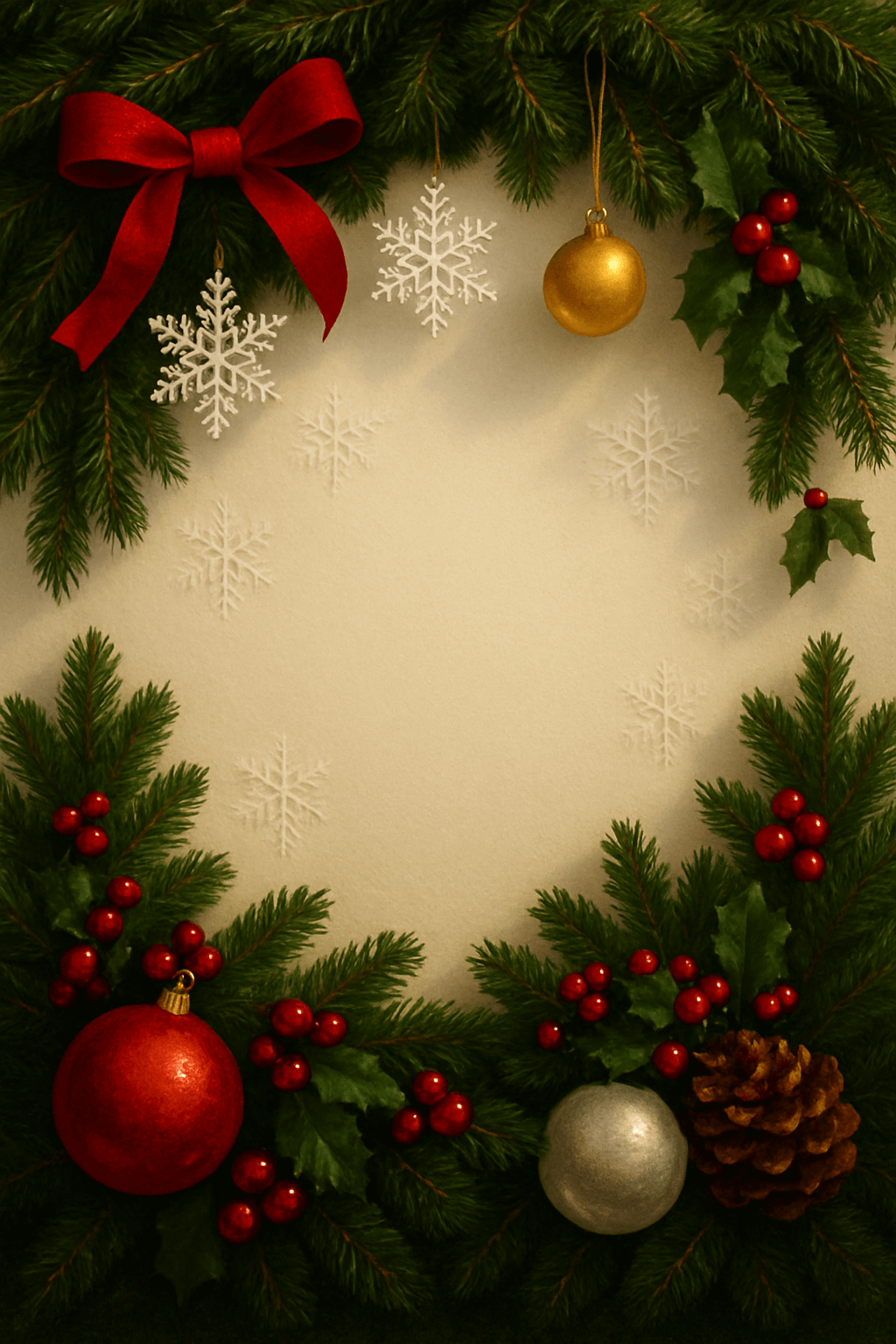 Realistic pine branch Christmas background – festive ornaments and snowflake texture, portrait layout
