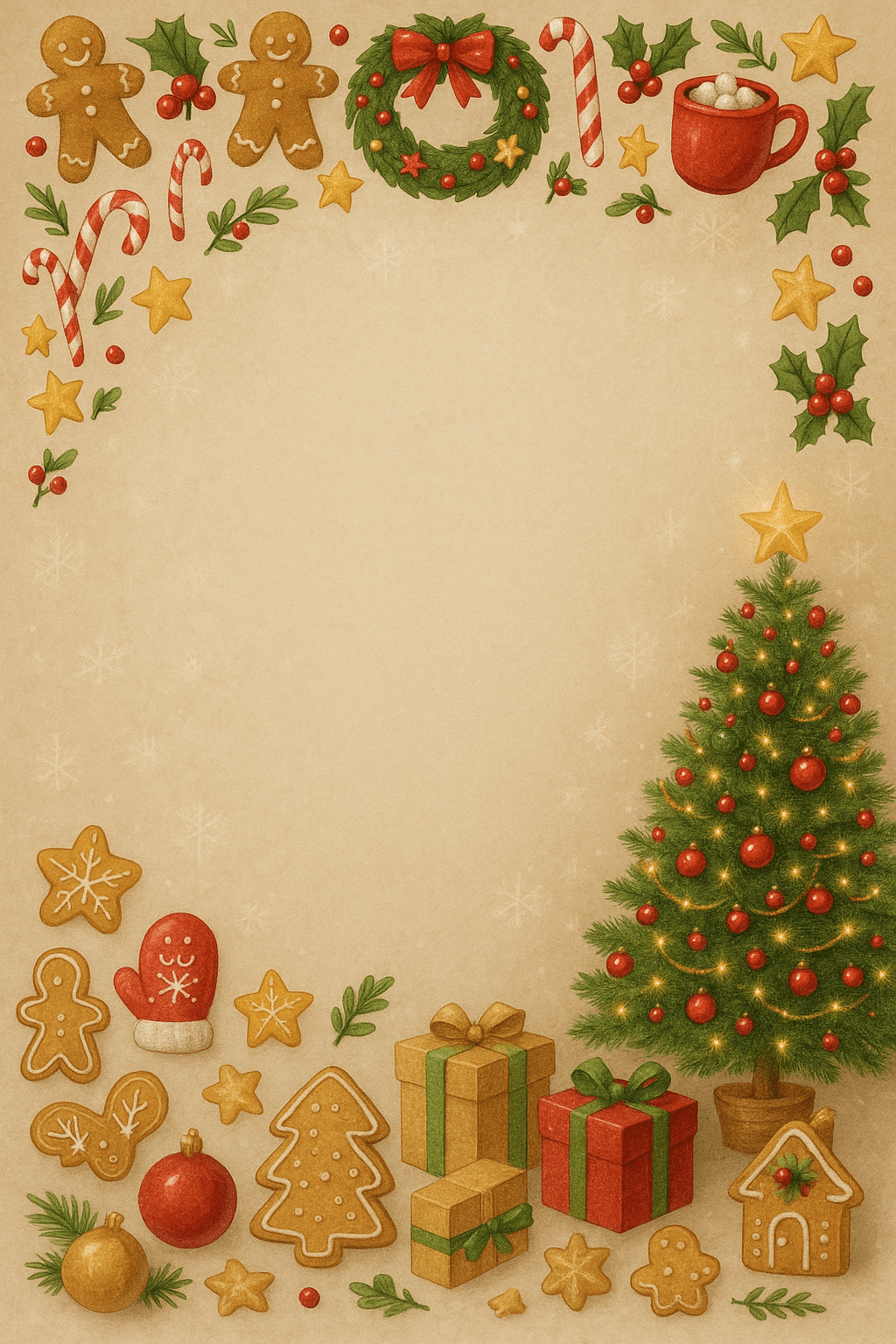 Beige festive Christmas background – pine branches, Christmas tree, gifts, and warm lighting, portrait layout