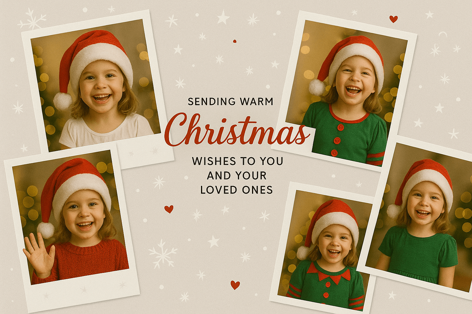 Christmas photo collage – child in Santa, angel, and elf outfits, Polaroid layout, cheerful festive design