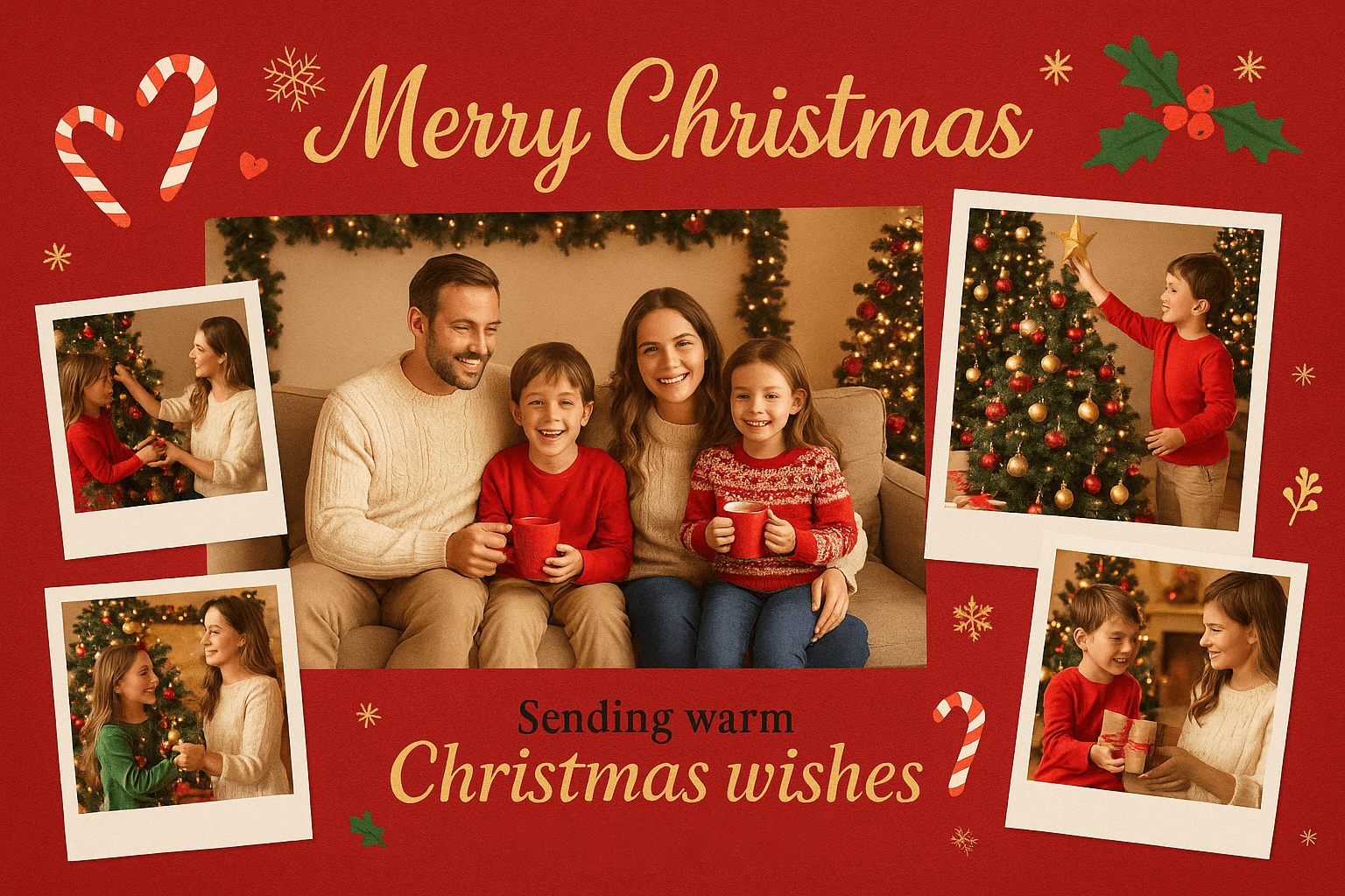Family Christmas collage – red background, Polaroid photos, tree decorating, cozy living room moments