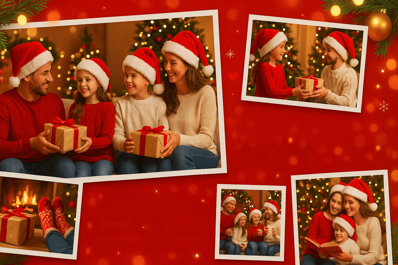 Christmas family collage – bright red gradient background, fireplace scenes, gifts, festive decorations