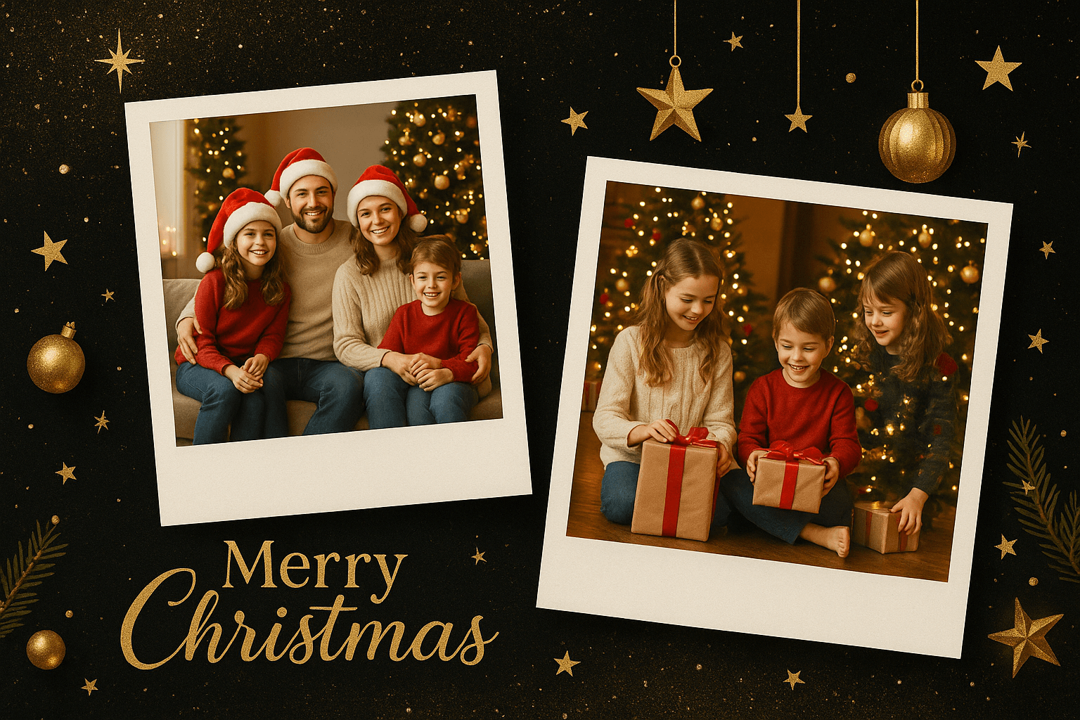 Merry Christmas collage – black and gold glitter design, family photos, elegant festive mood