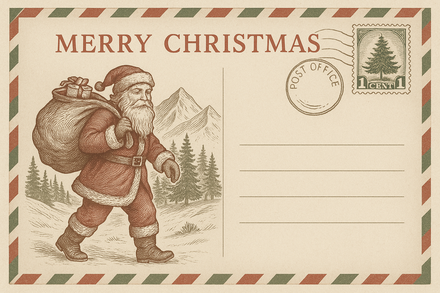 Vintage Christmas postcard – Santa walking with gift sack, striped border, and retro engraved illustration style