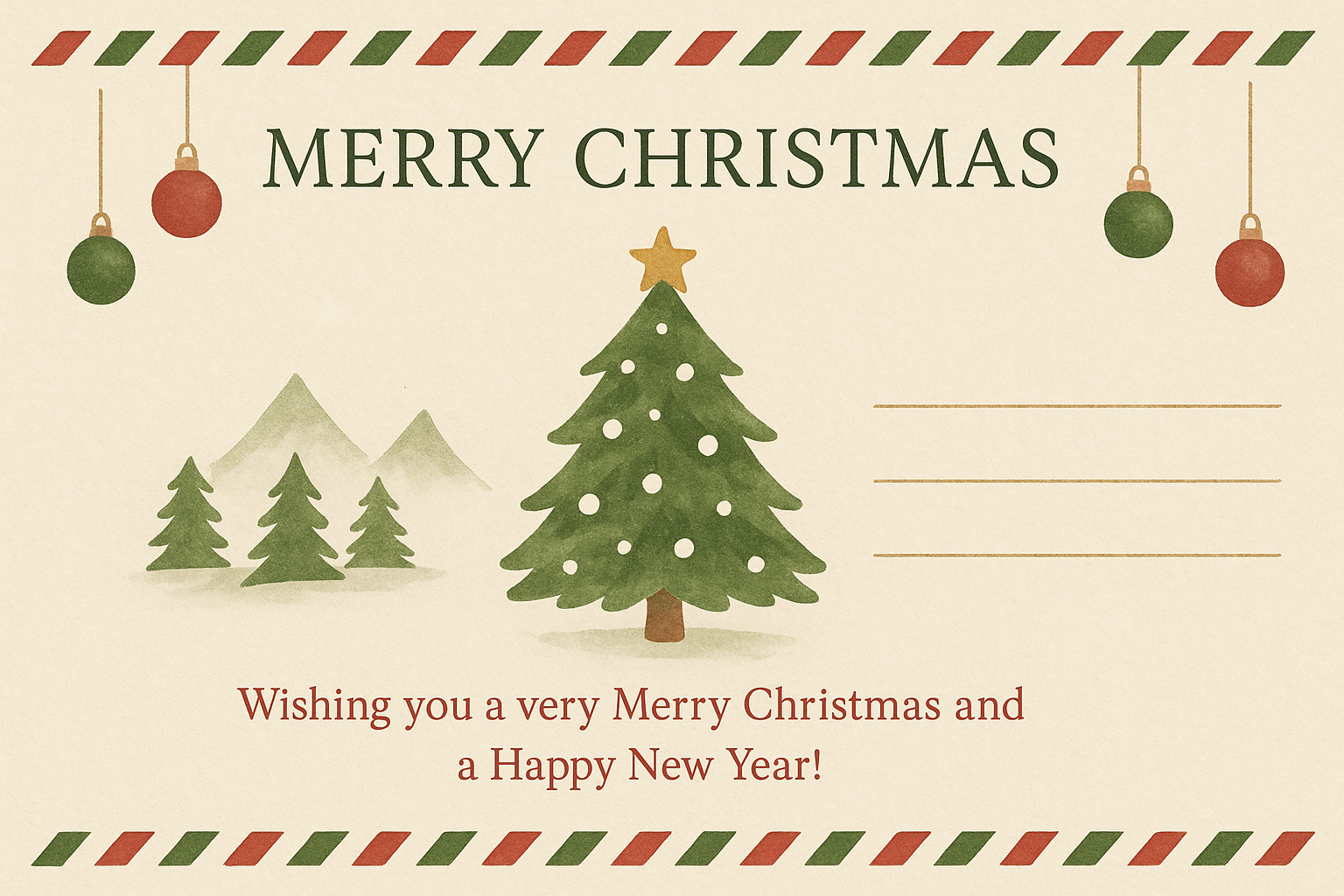 Minimal watercolor Christmas postcard – cream paper with decorated tree, candy cane borders, and elegant greeting text