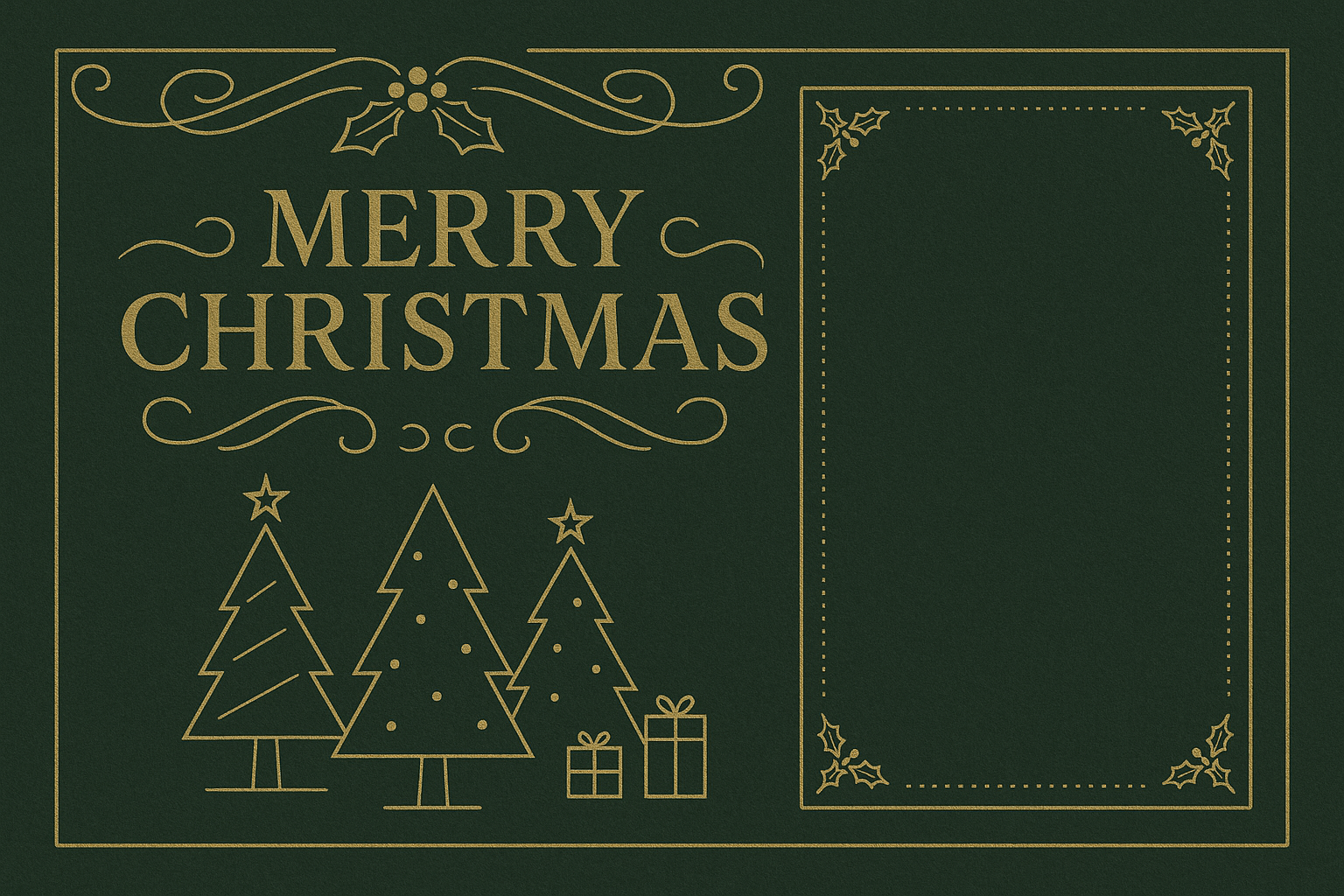 Elegant green and gold Christmas postcard – Art Deco design with gold line art trees and holly motifs