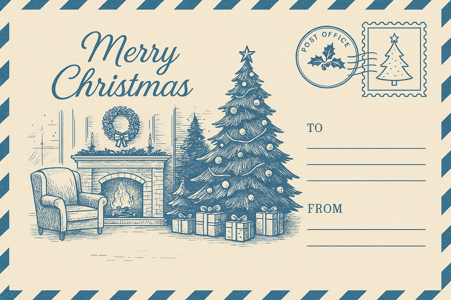 Vintage blue line art Christmas postcard – cozy living room illustration with striped border and elegant script text