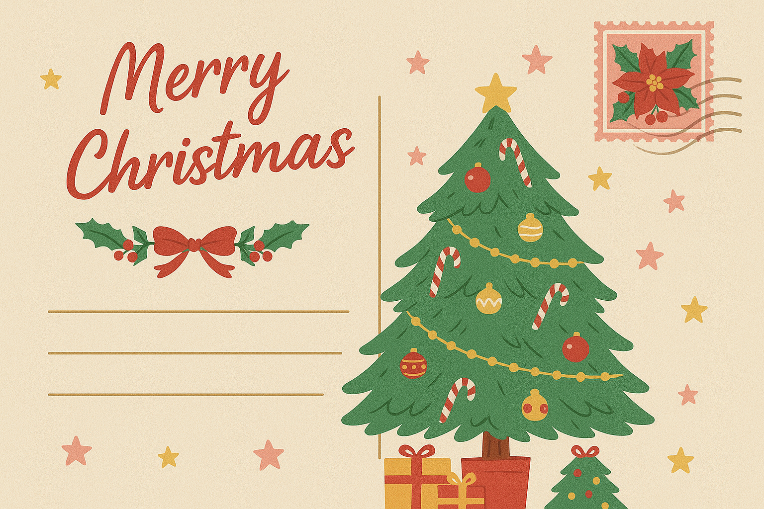 Festive Christmas postcard – colorful tree, poinsettia stamp, holly garland divider, and cheerful holiday illustration
