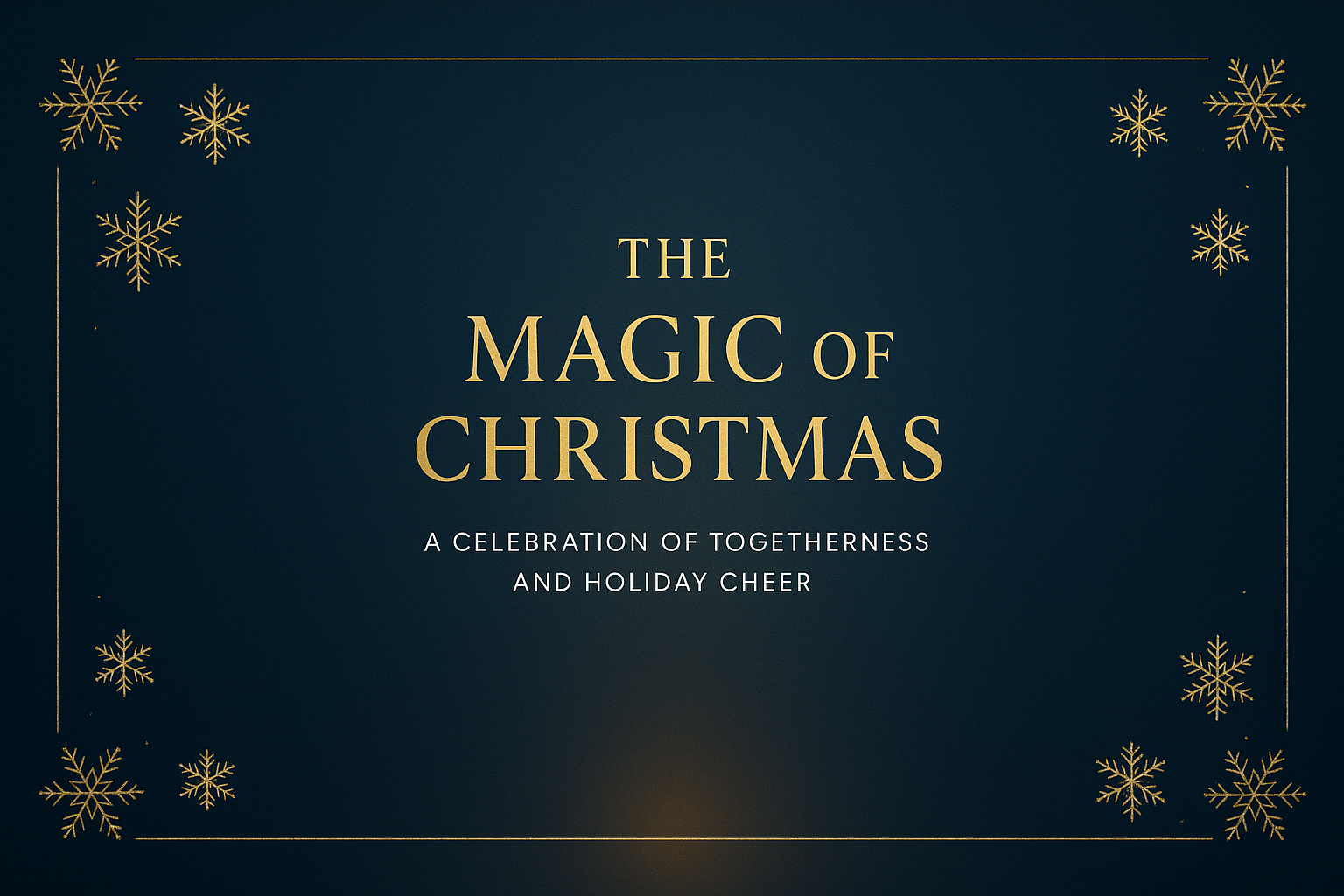 The Magic of Christmas presentation slide – midnight blue background with golden snowflakes and elegant centered title