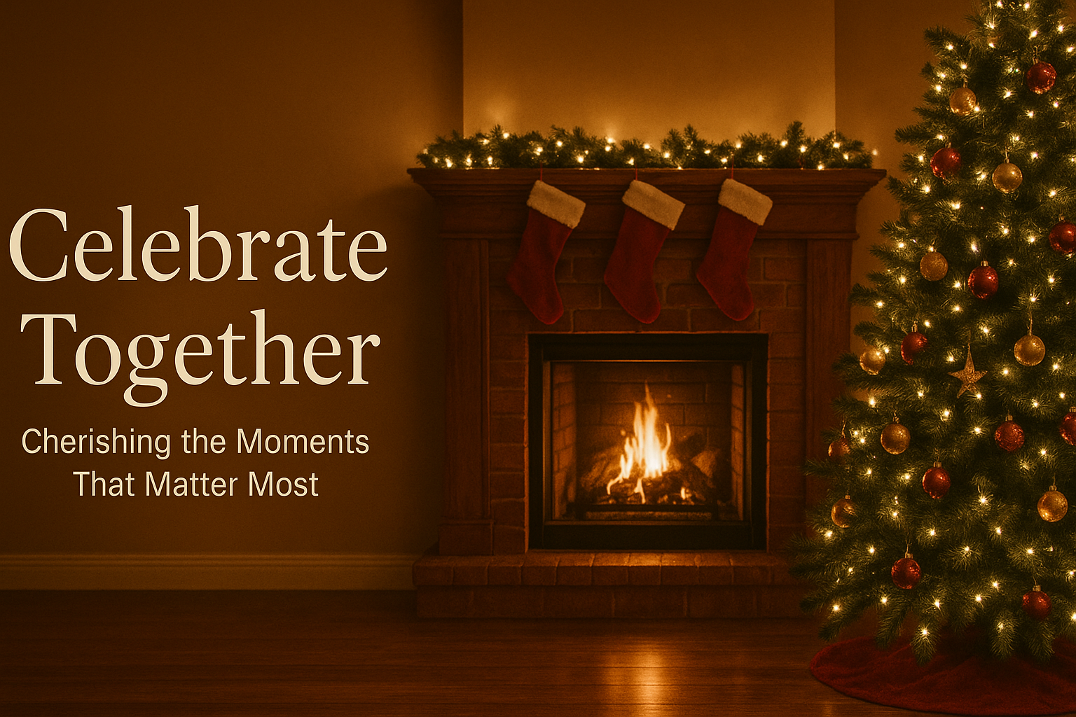 Celebrate Together Christmas presentation slide – cozy living room scene with fireplace and warm festive tones