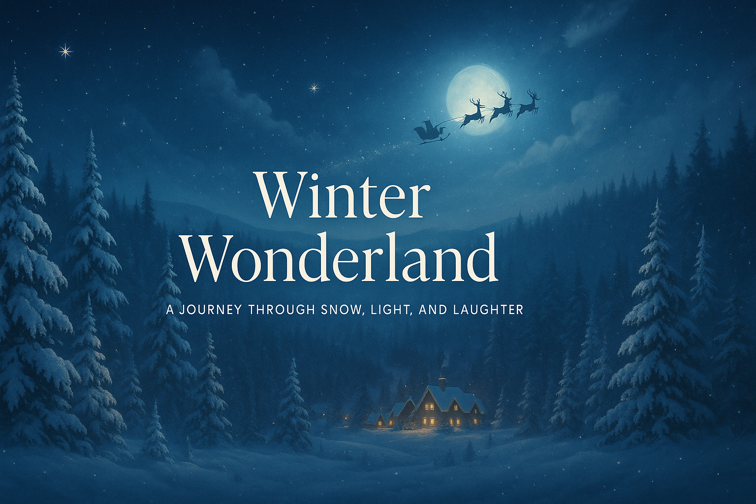 Winter Wonderland presentation slide – snowy panoramic village with Santa’s sleigh and glowing night sky