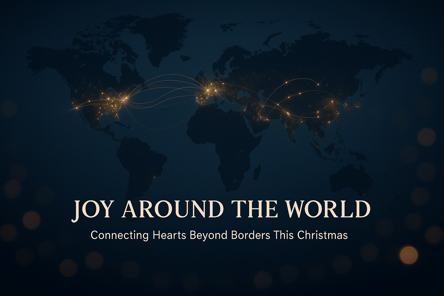 Joy Around the World presentation slide – glowing world map with golden trails and festive global theme