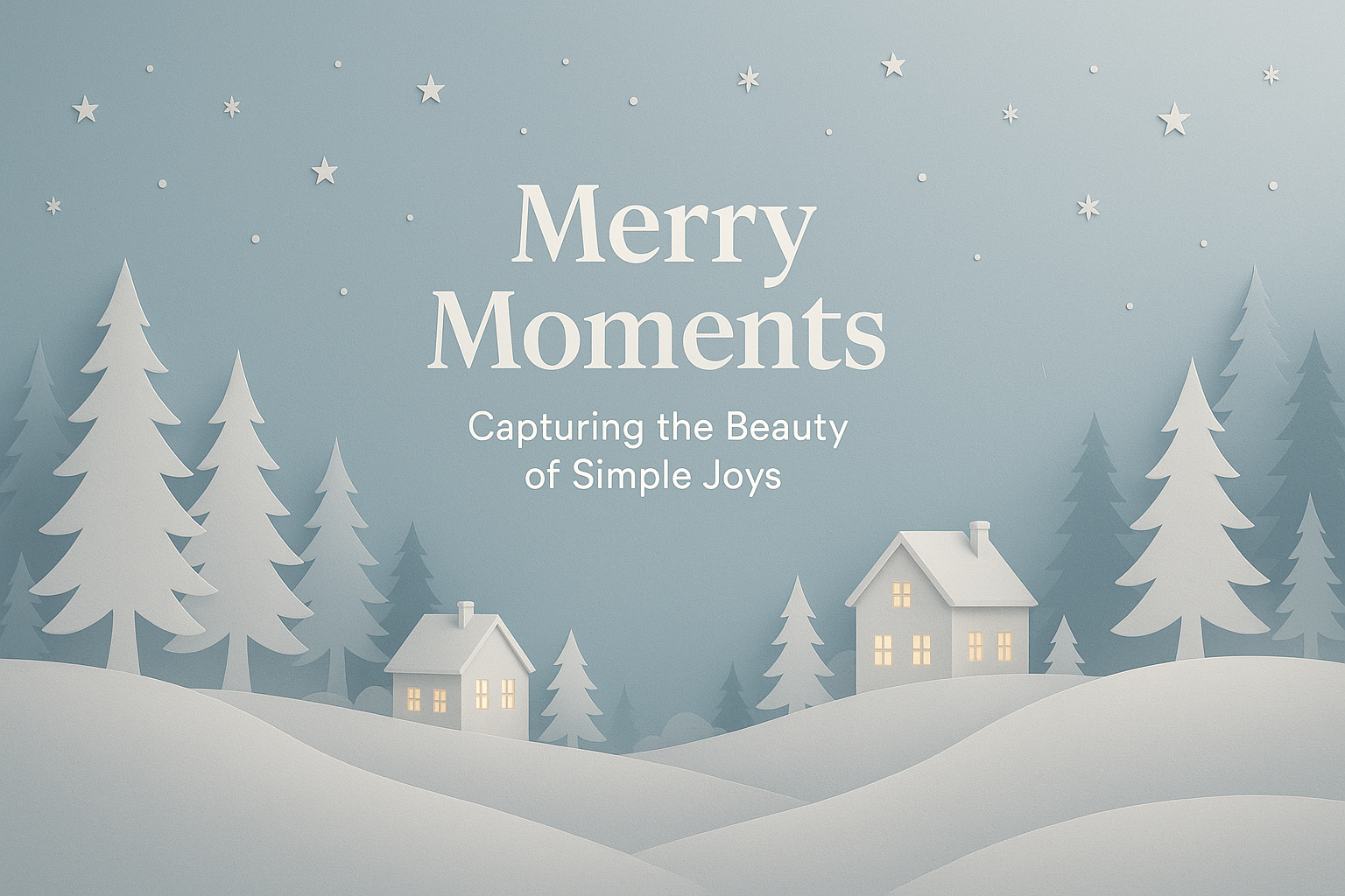 Merry Moments presentation slide – paper-cut winter landscape with glowing houses and layered snowy hills