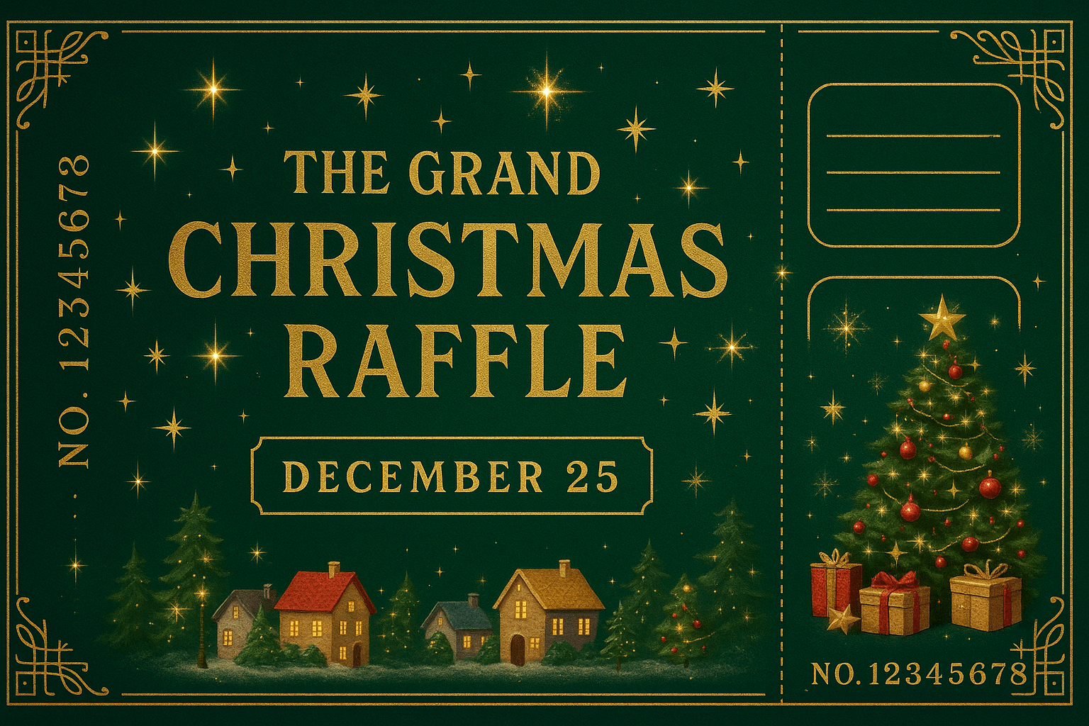 THE GRAND CHRISTMAS RAFFLE – emerald green and gold Art Deco ticket, December 25, with perforated stub and gold details