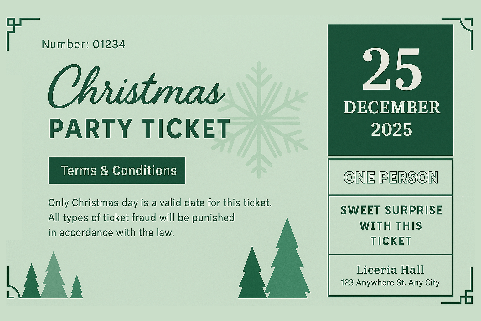 Christmas PARTY TICKET – mint green background, Liceria Hall, 25 December 2025, minimalist full-bleed layout
