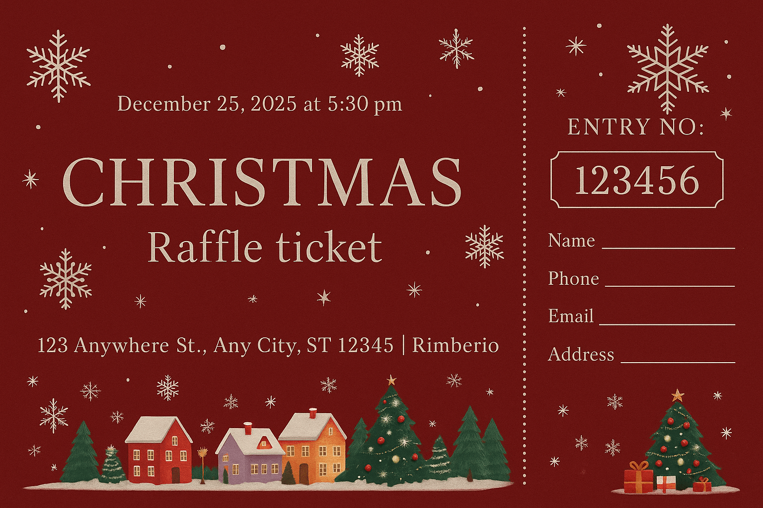 CHRISTMAS Raffle Ticket – red and white design, Rimberio event, December 25, with entry stub and snowflake motifs