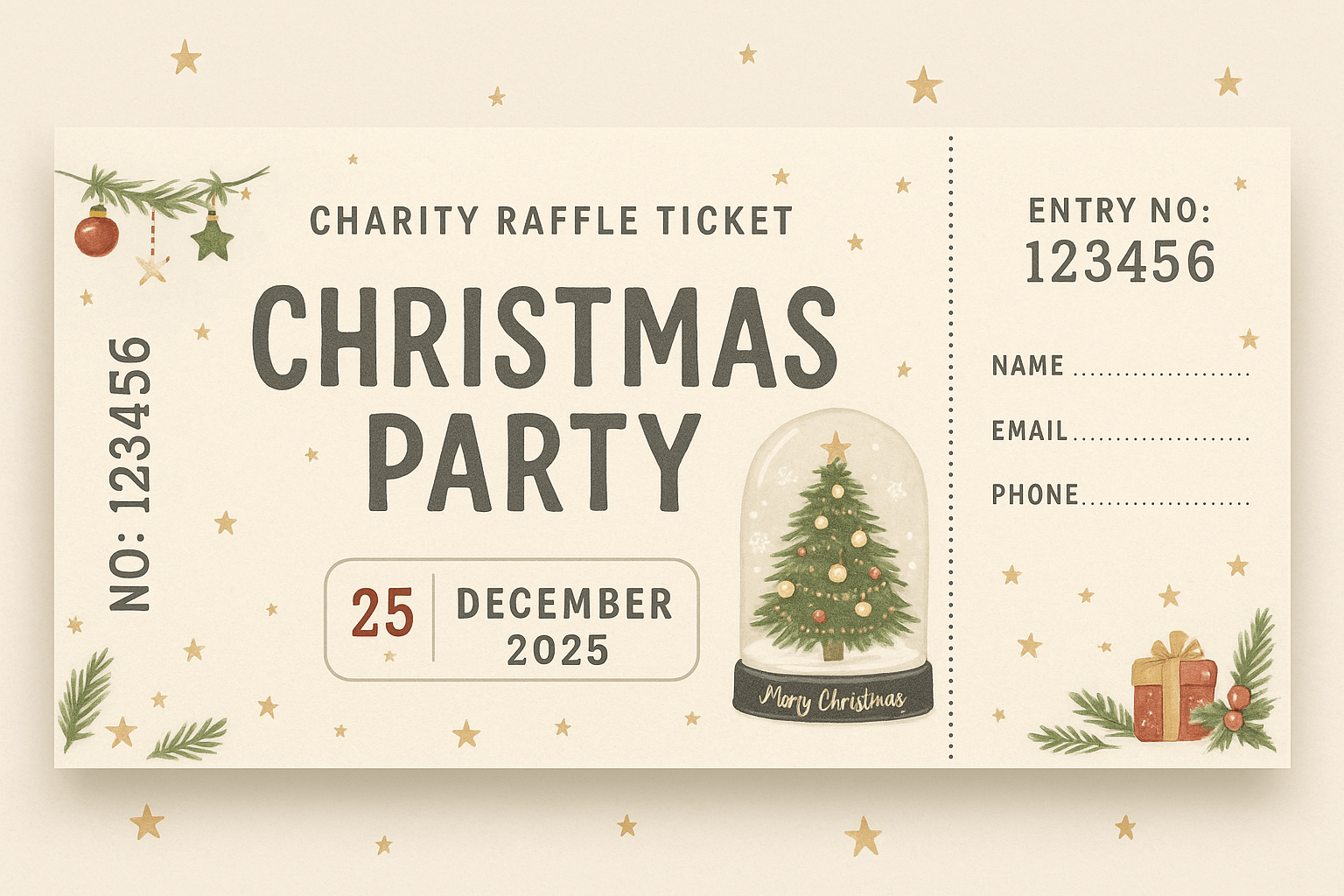CHARITY RAFFLE TICKET – cream Christmas Party design with snow globe tree, name and contact fields, cozy festive layout