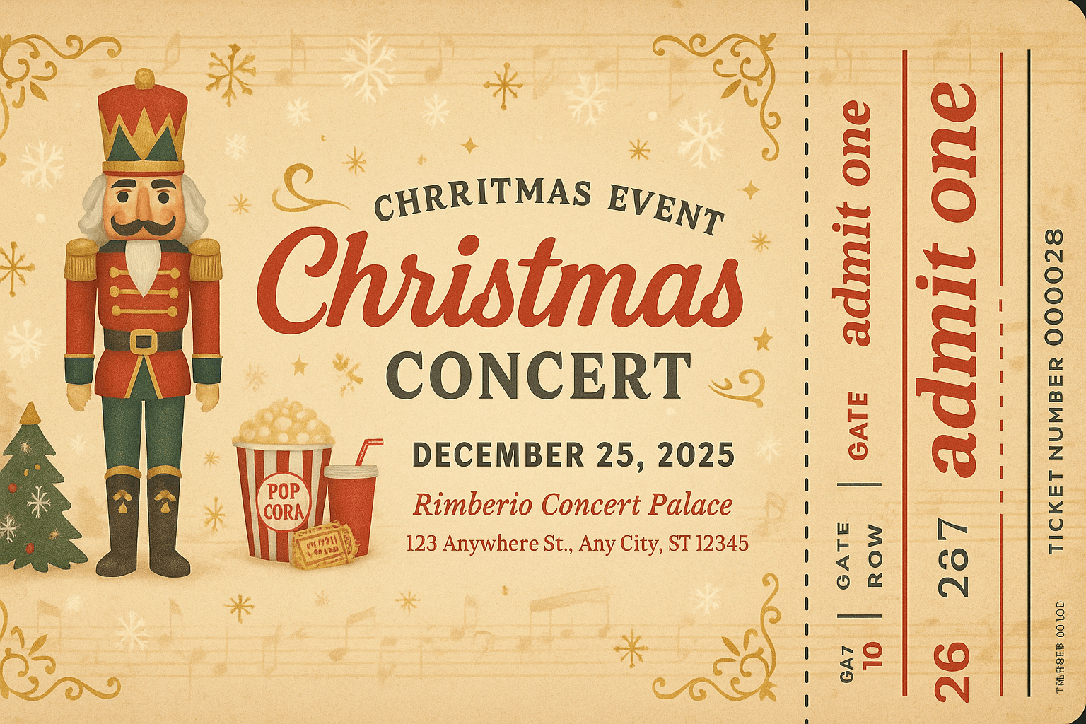 Christmas Event MUSIC CONCERT – Nutcracker design, beige and gold, Rimberio Concert Palace, December 25, admit one ticket