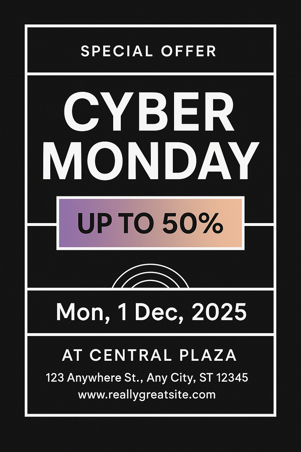 Minimalist Cyber Monday Flyer – black background, white geometric frames, up to 50% off, Central Plaza event
