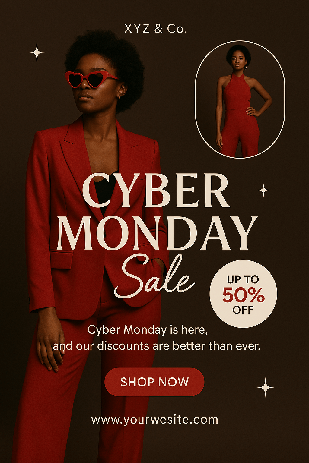 Elegant Cyber Monday Sale Flyer – fashion theme with red outfit model, up to 50% off, XYZ & Co. branding