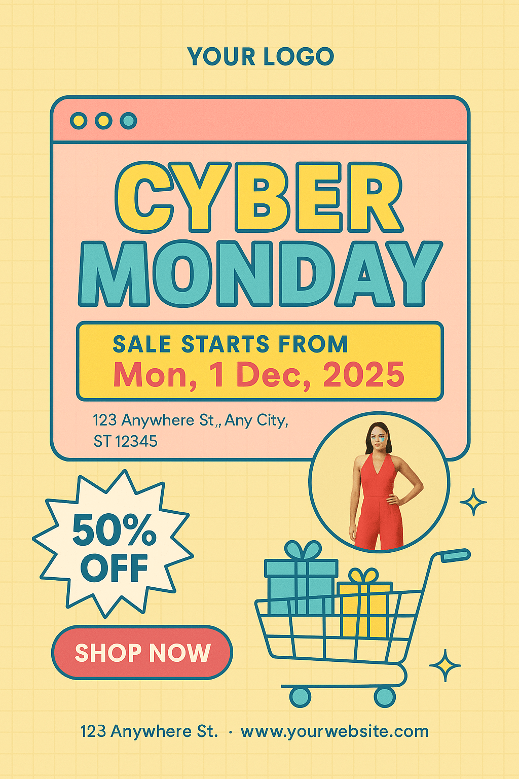 Playful Cyber Monday Flyer – colorful retro flat design, yellow and teal theme, 50% off sale
