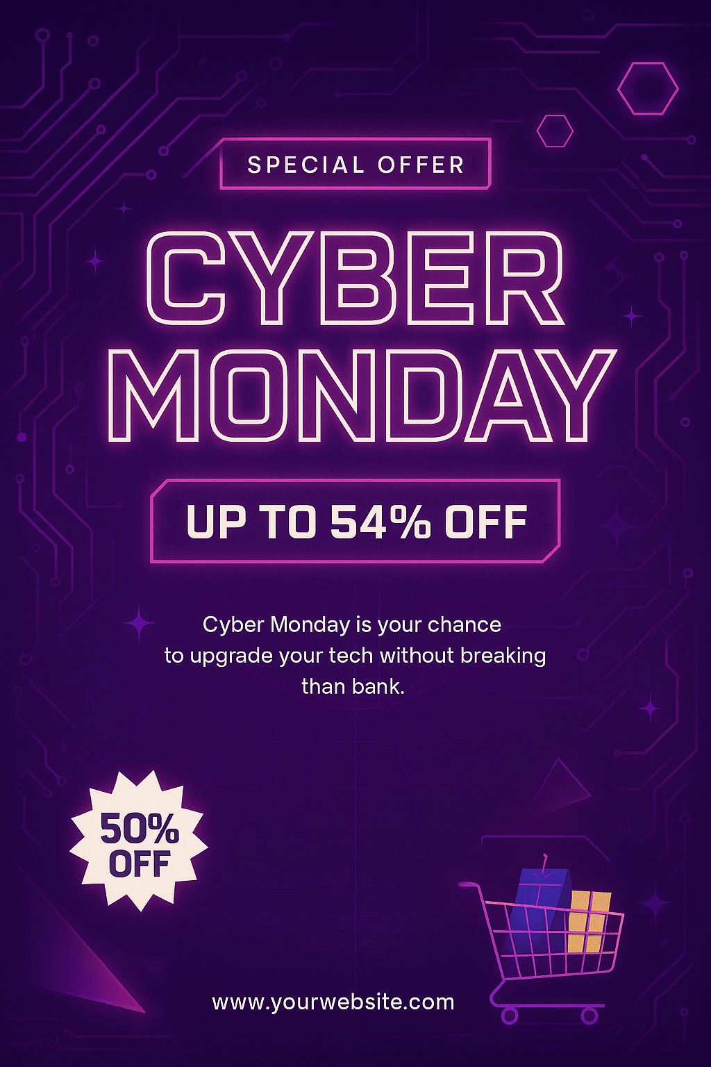 Futuristic Cyber Monday Flyer – purple and pink neon theme, digital circuit background, tech-sale style