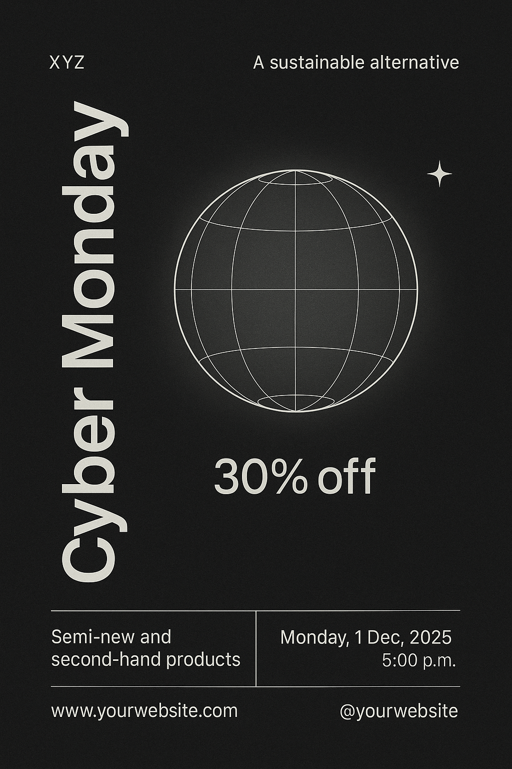 Minimalist Cyber Monday Flyer – dark textured background, wireframe globe, 30% off eco-tech sale