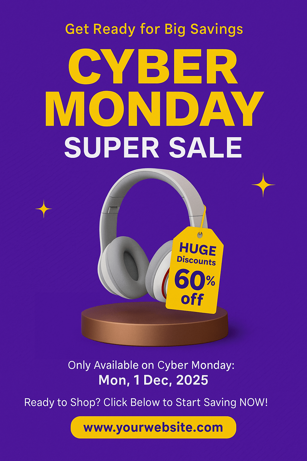 Modern Cyber Monday Flyer – bright purple and yellow tech-sale design, 60% off headphones promo