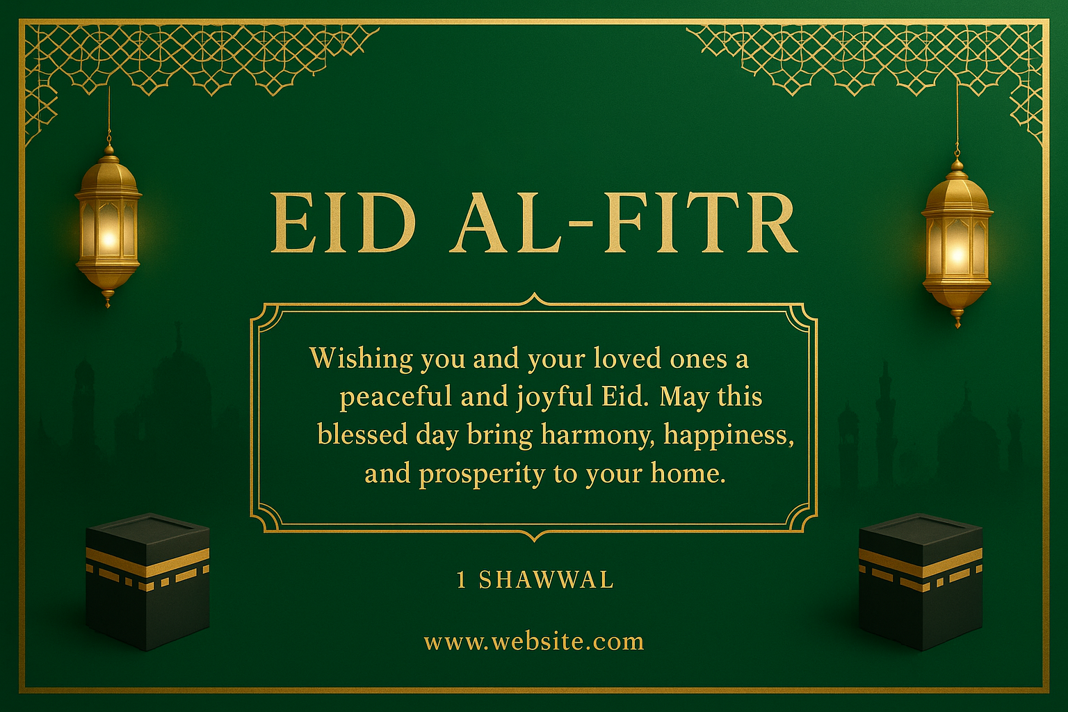 Eid al-Fitr card – green and gold Islamic design with lanterns, framed greeting, and elegant festive patterns
