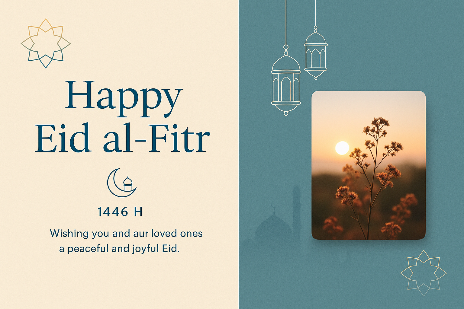 Happy Eid al-Fitr card – cream and blue split layout with crescent icon, lanterns, and elegant photo accent