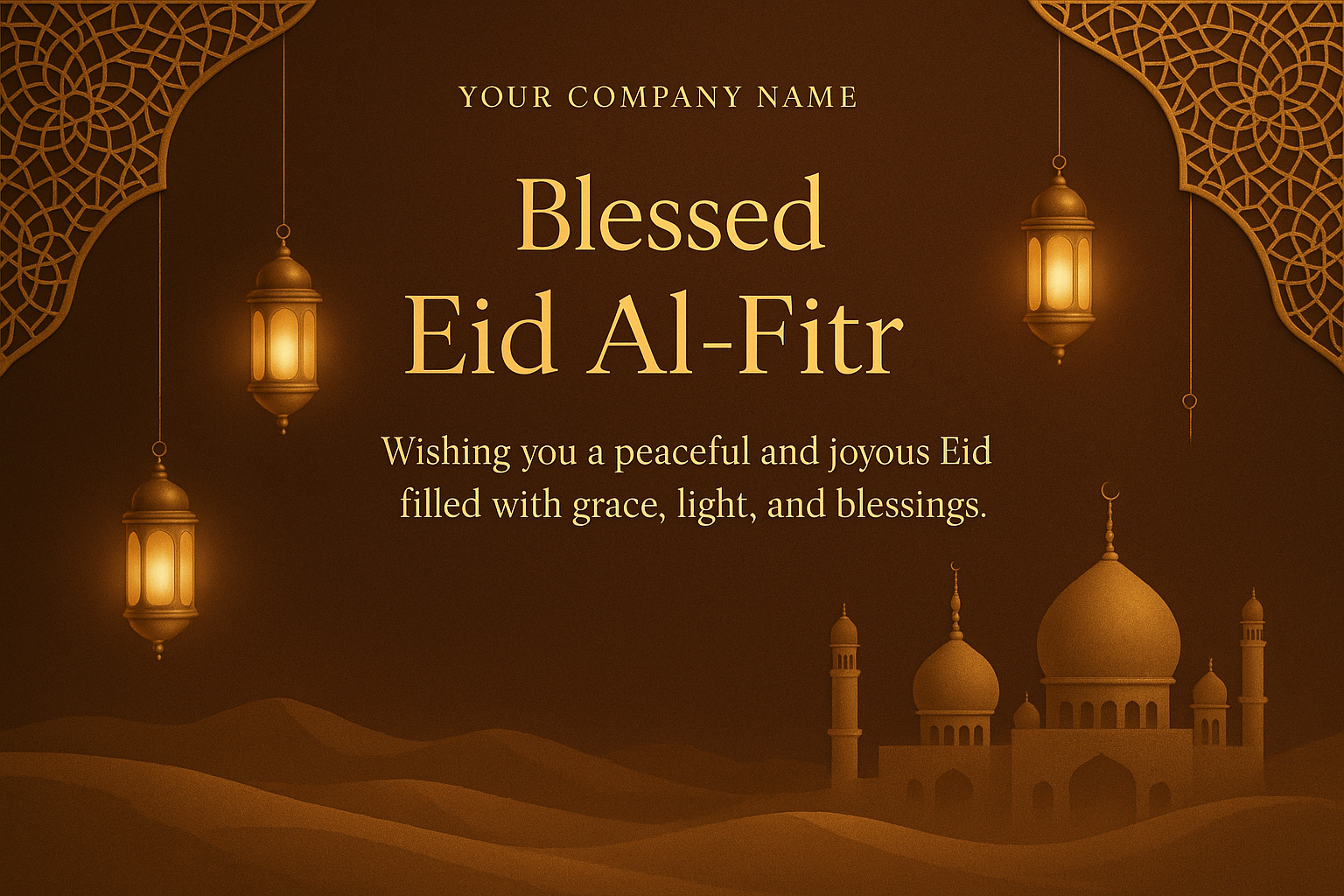 Blessed Eid Al-Fitr card – brown and gold elegant Islamic design with mosque silhouettes and glowing lanterns