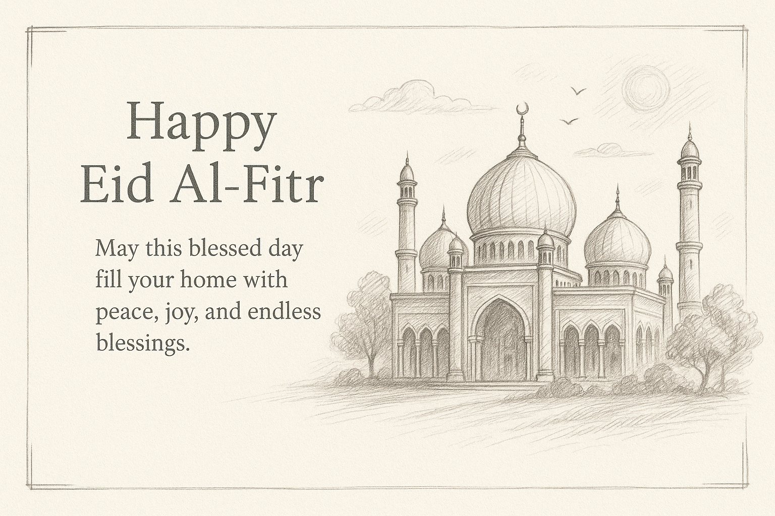 Happy Eid Al-Fitr card – hand-drawn mosque sketch design in monochrome minimalist style with elegant text