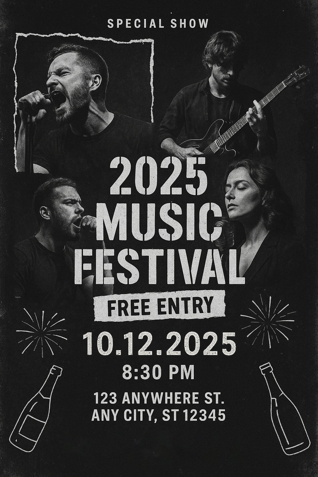 2025 Music Festival poster – black and white grunge collage layout with distressed torn-paper effect