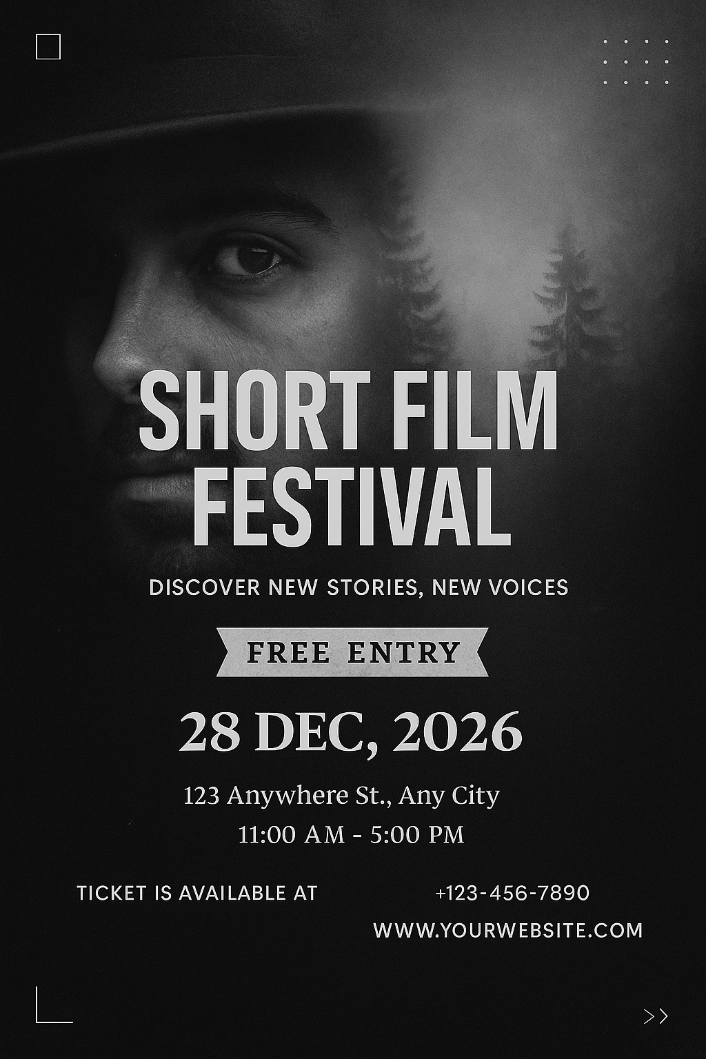Short Film Festival poster – black and white double exposure cinematic style with geometric UI elements