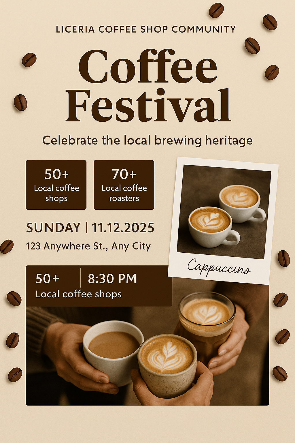 Coffee Festival poster – beige and brown layout with scattered coffee beans, Polaroid cappuccino photo, and warm cozy style